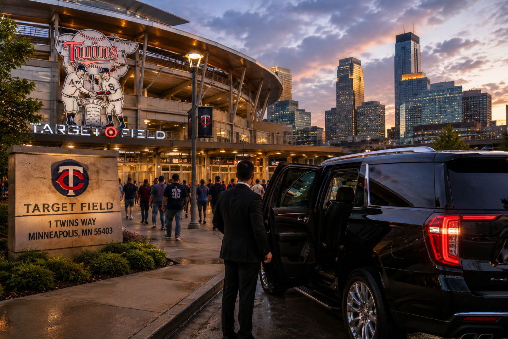 Target Field at sunset with SUV